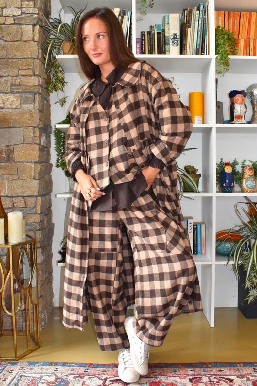 Nora Brushed Cotton Gingham Trapeze Waistcoat Coffee Bean